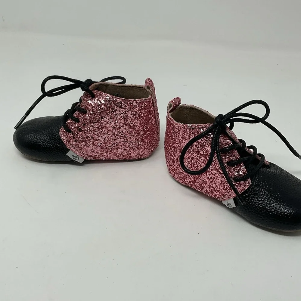 Monkey Feet Shoes Boots Baby Toddler 18-24 M Pink Glitter Black Leather Lace Up